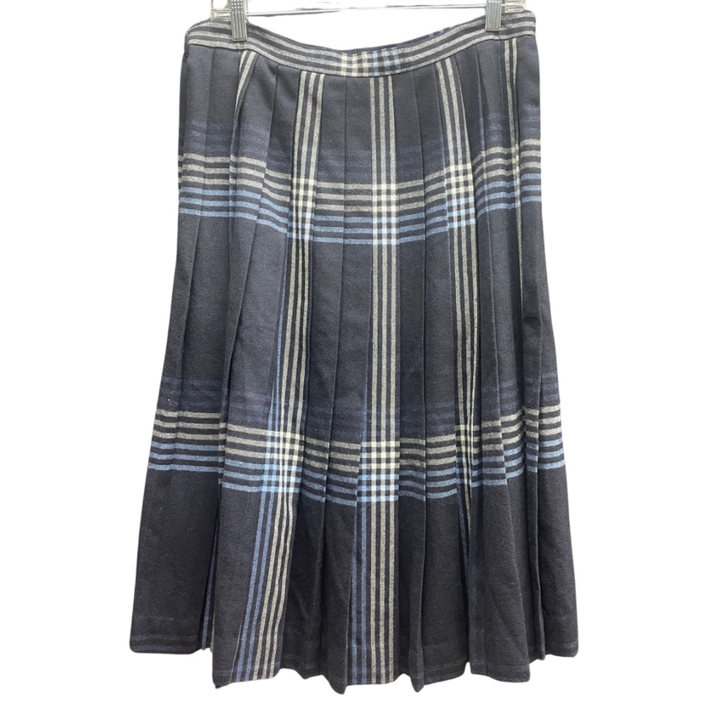 Vintage Evan Picone Black White Blue Plaid Wool Pleated Midi Skirt Sz 16